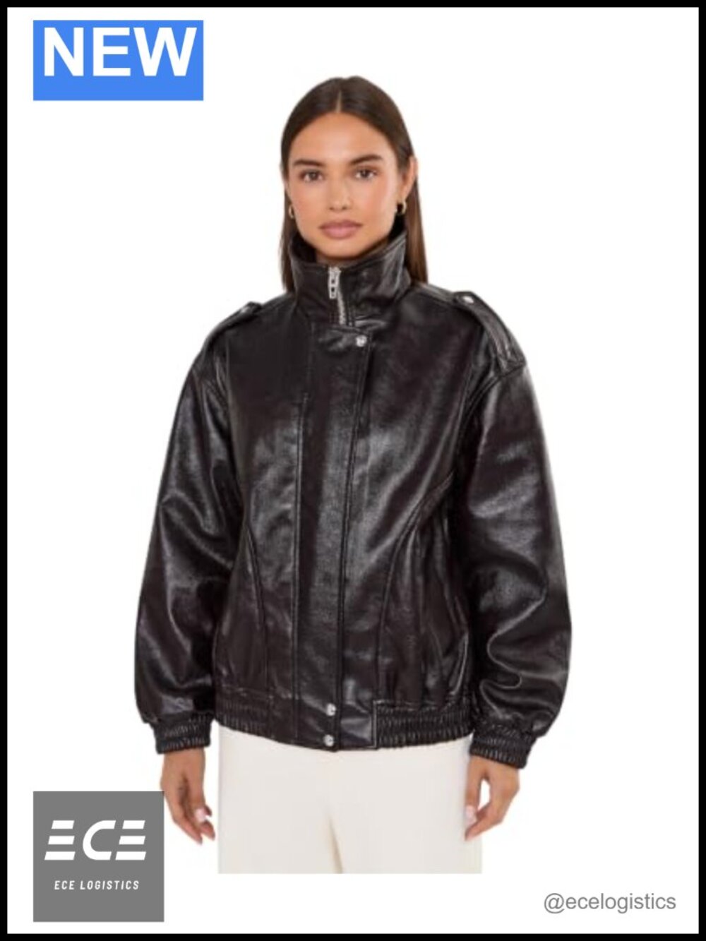 Women's Patent Vegan Leather Bomber Jacket Long Sleeve Zip Fall